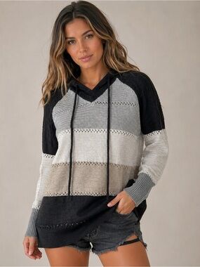 Striped Knit Hoodie Sweater - Black, Gray & Cream - 875